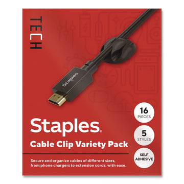 Cord Clips, Assorted Sizes, Black, 16/Pack