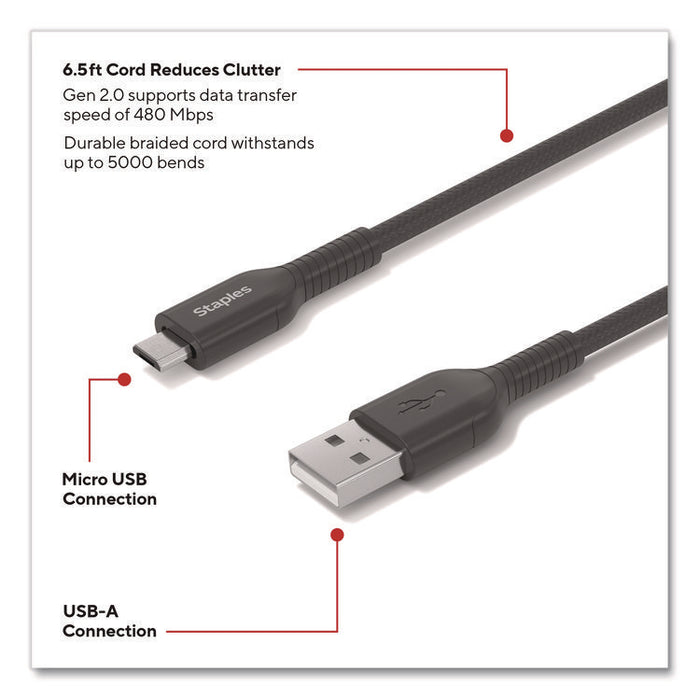 Micro USB to USB-A 2.0 Charging Cable, 6.5 ft, Black