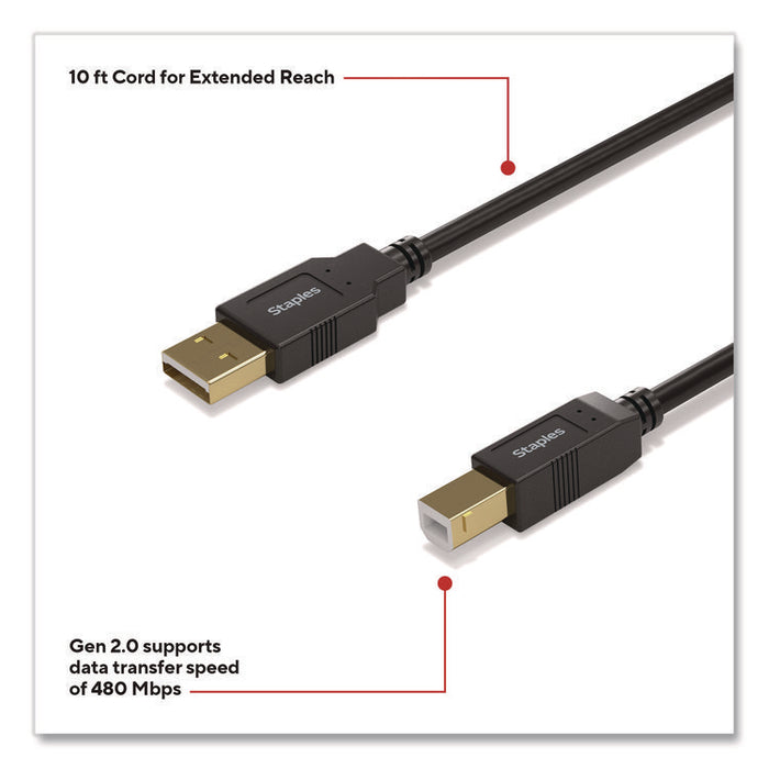 USB-A to USB-B 2.0 Cable, 10 ft, Black