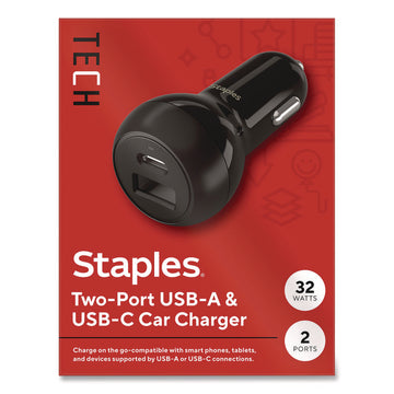 USB-A/USB-C Car Charger, 32 W, Two Ports, Black