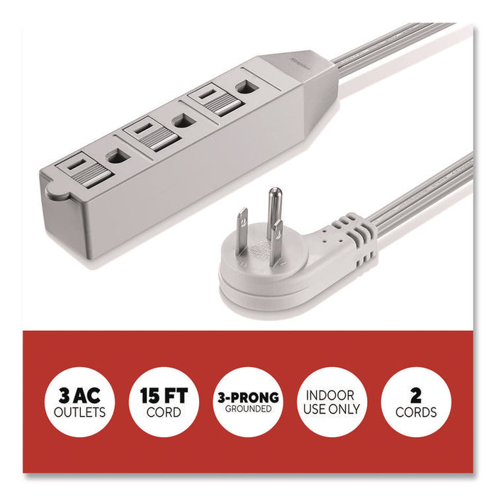 15 ft Extension Cord, 15 ft, 13 A, Gray, 2/Pack