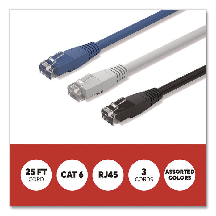 CAT6 Ethernet Cable, 25 ft, Assorted Colors, 3/Pack