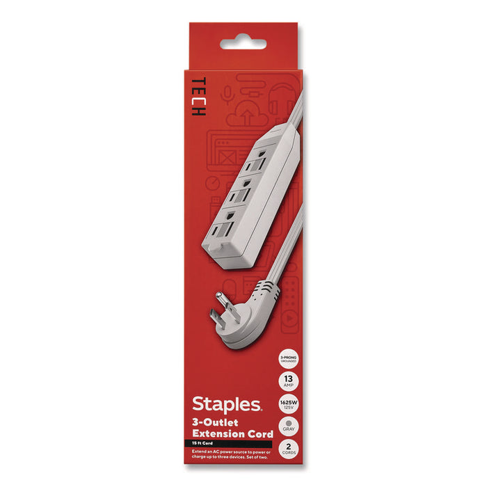 15 ft Extension Cord, 15 ft, 13 A, Gray, 2/Pack