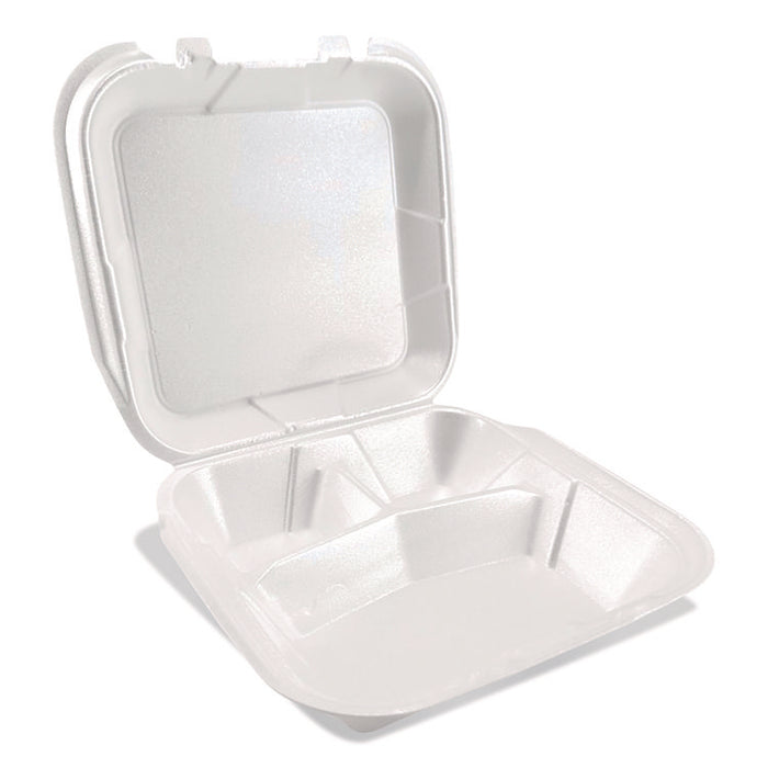 Foam Hinged Lid Containers, 3-Compartment, 9 x 9 x 3, White, Foam, 200/Carton