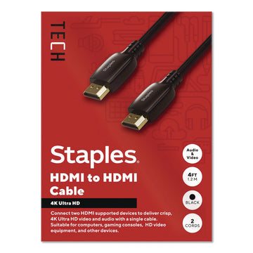 HDMI to HDMI Audio/Video Cable, 4 ft, Black, 2/Pack