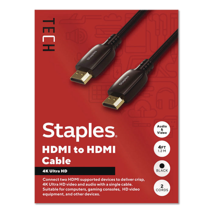 HDMI to HDMI Audio/Video Cable, 4 ft, Black, 2/Pack