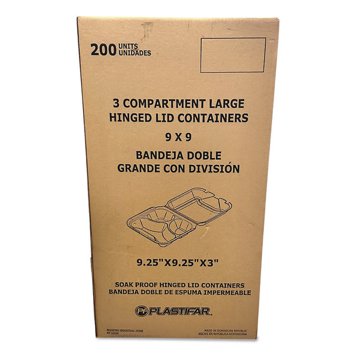 Foam Hinged Lid Containers, 3-Compartment, 9 x 9 x 3, White, Foam, 200/Carton