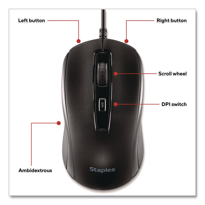 Ambidextrous Optical Wired Mouse, USB 2.0, Left/Right Hand Use, Black