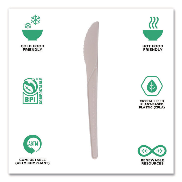 Plantware Compostable Cutlery, Knife, Plastic, Pearl White, 50/Pack, 20 Packs/Carton