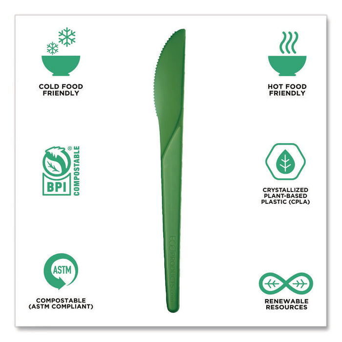 Plantware Compostable Cutlery, Knife, Plastic, Green, 1,000/Carton