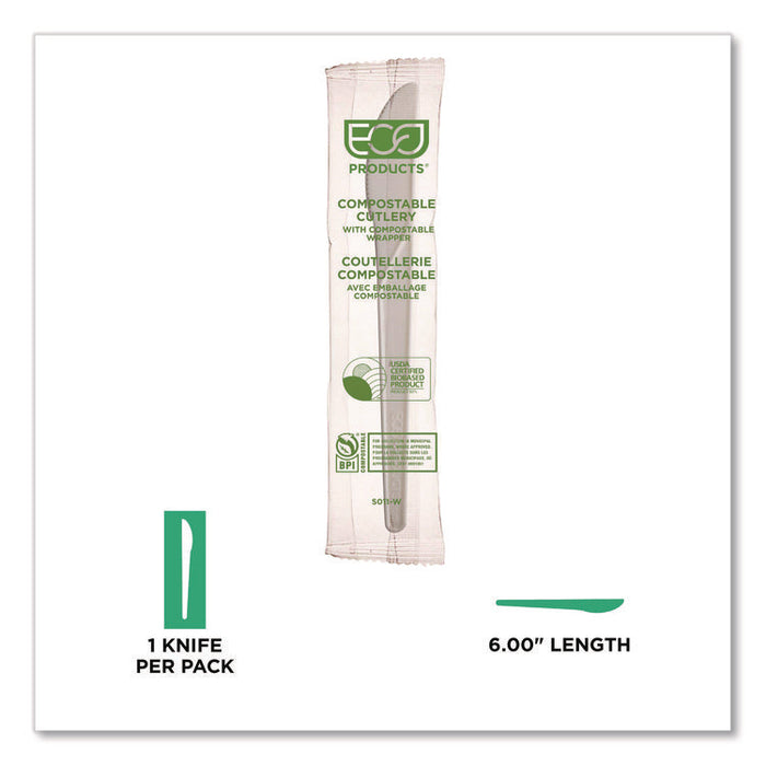 Plantware Compostable Cutlery, Knife, Plastic, White, 1,000/Carton