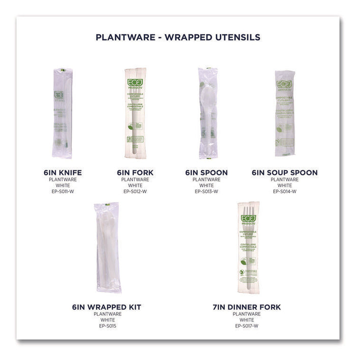 Plantware Compostable Cutlery, Knife, Plastic, White, 1,000/Carton