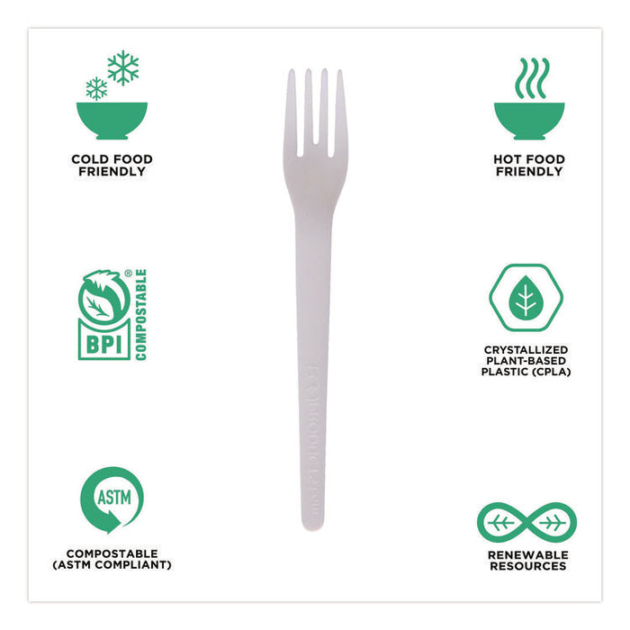 Plantware Compostable Cutlery, Fork, Plastic, White, 1,000/Carton