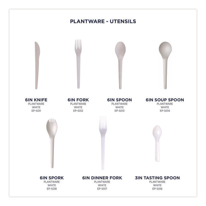 Plantware Compostable Cutlery, Spoon, Plastic, Pearl White, 50/Pack, 20 Pack/Carton