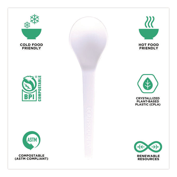 Plantware Compostable Soup Spoon, Heavyweight, Plastic, White, 50/Pack, 20 Packs/Carton