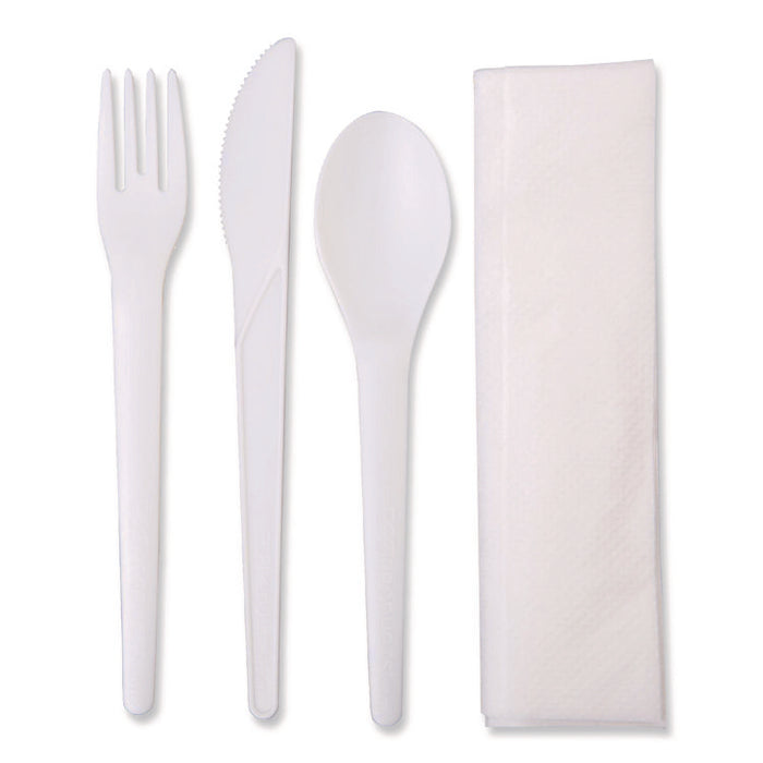 Plantware Compostable Cutlery Kit, Fork/Knife/Napkin/Spoon, Pearl White, 250 Kits/Carton