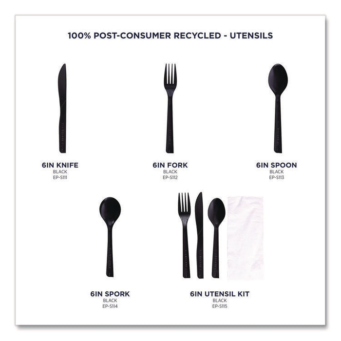 100% Recycled Content Cutlery Kit, Heavyweight Fork/Knife/Soup Spoon/Spoon, Plastic, Black, 250/Carton