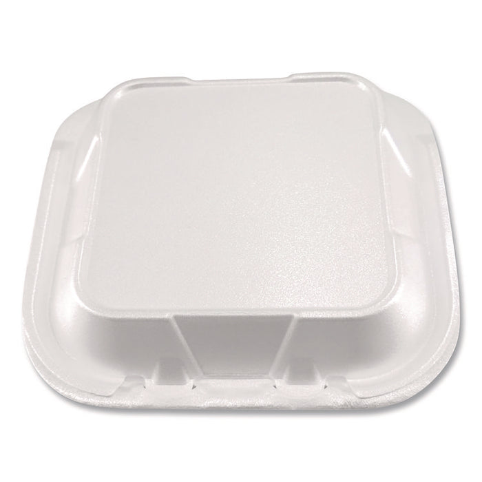 Foam Hinged Lid Containers, 3-Compartment, 8.56 x 8 x 2.76, White, Foam, 200/Carton