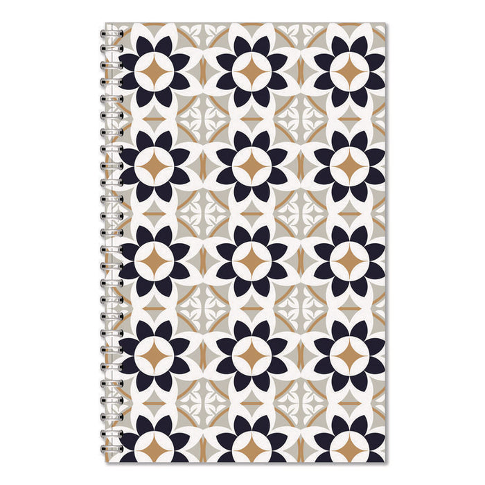 Recycled Non-Dated Monthly/Weekly Planner, Flower Tiles, Tan/Black/White Cover, Undated