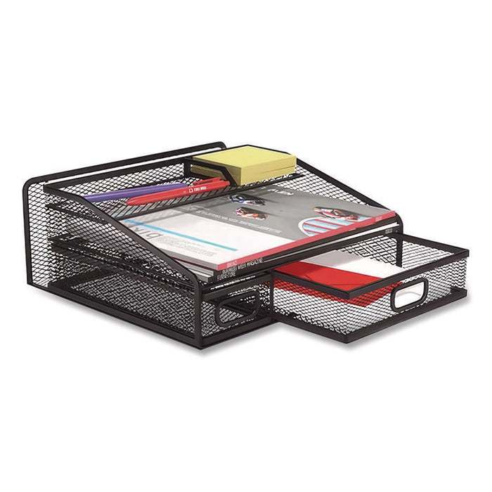 Six Compartment Wire Mesh Accessory Holder, 2 Drawers, 12.91 x 12.01 x 5.43, Black