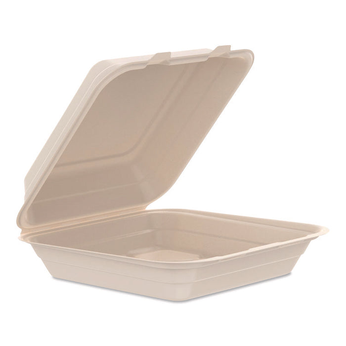 Compostable Molded Fiber Hinged Trays, ProPlanet Seal, 9.14 x 9 x 2.98, Natural, 200/Carton