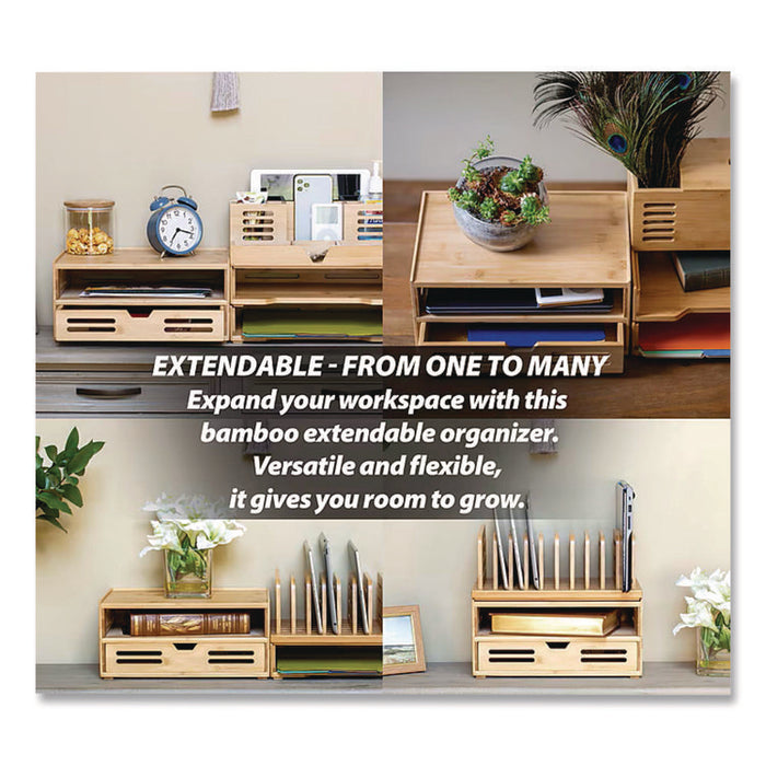Bamboo Stackable Document Organizer with Drawer, 2 Sections, Letter Size Files, 14.09" x 10.08" x 7.7", Brown