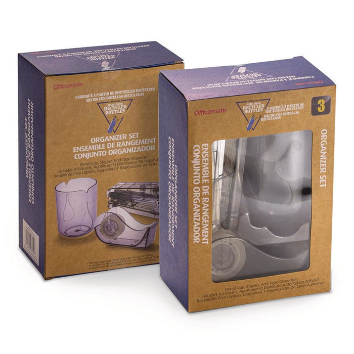 Recycled Plastic Three-Piece Desk Set: (1) Pencil Cup, (1) Stapler, (1) Tape Dispenser, (1) Roll of Tape, Translucent Ash