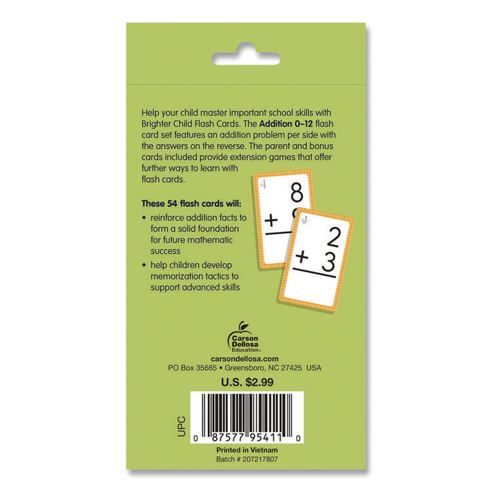 Addition 0 to 12 Flash Cards, Grades 1 to 5, 3.25" x 5.25", Assorted Colors, 54 Cards