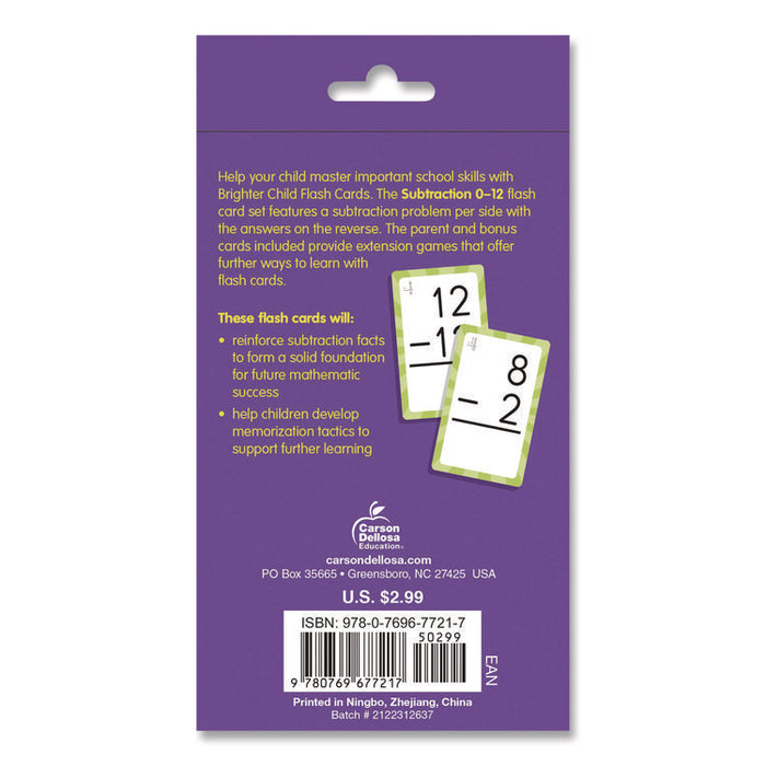 Subtraction 0 to 12 Flash Cards, Grades 1 to 5, 3.25" x 5.25", Assorted Colors, 54 Cards