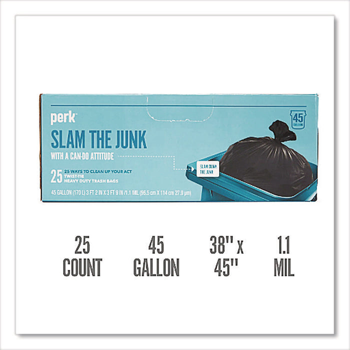 Twist-Tie Heavy-Duty Trash Bags, Open-Face, 45 gal, 1.1 mil, 45" x 38", Black, 25/Box