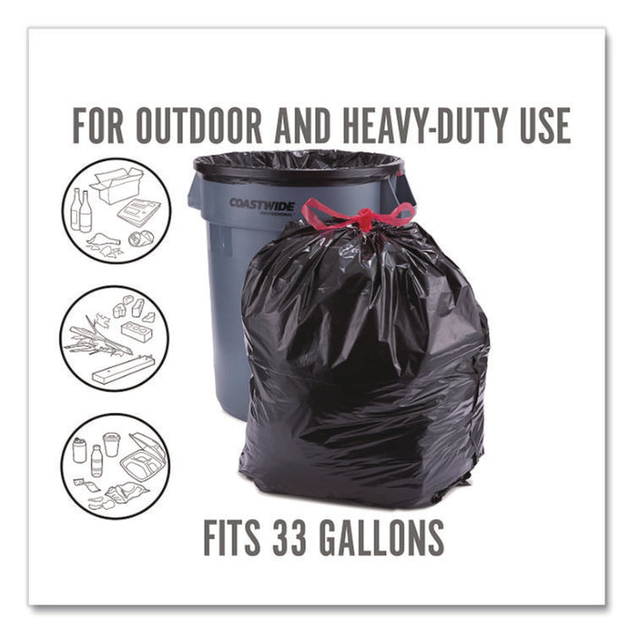 Drawstring Heavy-Duty Trash Bags, 33 gal, 1.1 mil, 37" x 33", Black, 30/Box