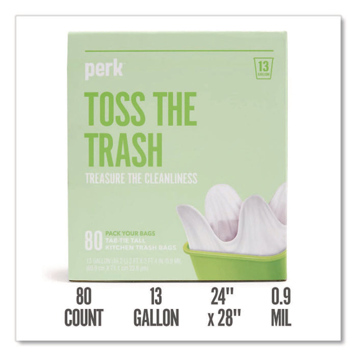 Tab-Tie Tall Kitchen Trash Bags, Tie-Flap, 13 gal, 28" x 24", White, 80/Box