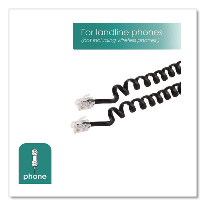 Coiled Telephone Cord, Plug/Plug, 25 ft, Black