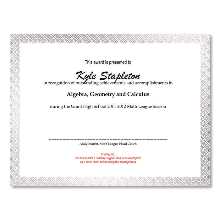Foil Border Certificates, 8.5 x 11, Ivory/Silver, Braided with Silver Border, 15/Pack