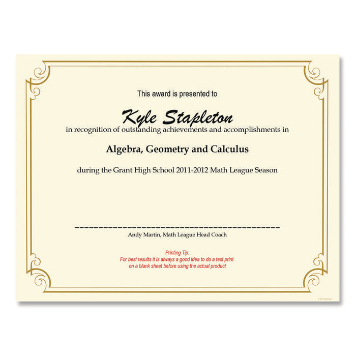 Golden Scroll Frame Foil Certificate, 11 x 8.5, Beige with Gold Scroll Border, 12/Pack