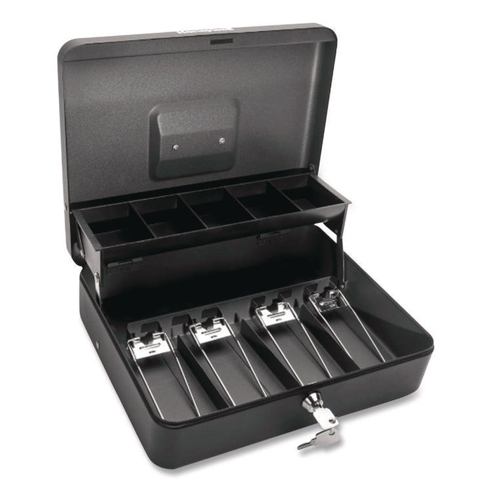 Tiered CantiDoor Lever Cash Box, 9 Compartments, Key Lock, 11.9" x 9.7" x 3.5", Black