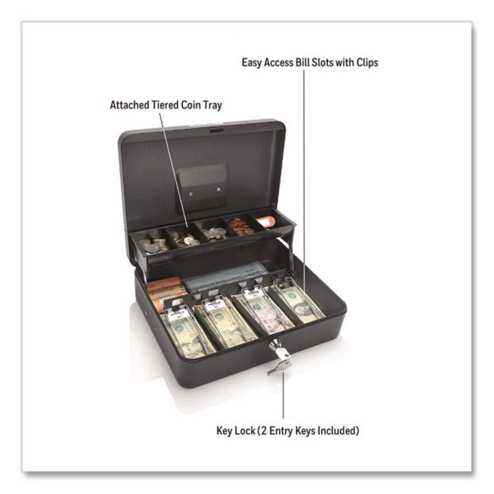 Tiered CantiDoor Lever Cash Box, 9 Compartments, Key Lock, 11.9" x 9.7" x 3.5", Black