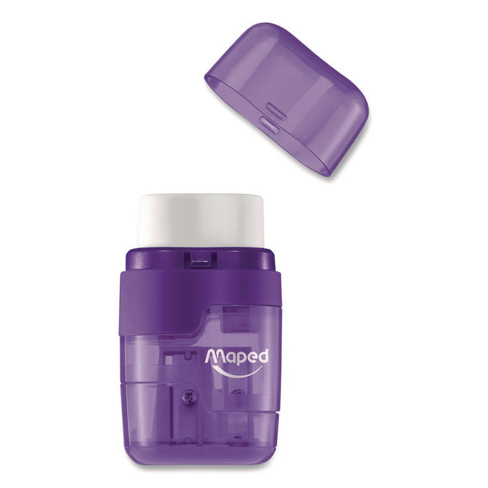 DUO 2-Hole Canister Pencil Sharpener/Eraser Combo, 3.74 x 1.08 x 4.92, Randomly Assorted Colors