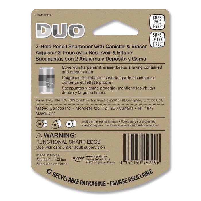 DUO 2-Hole Canister Pencil Sharpener/Eraser Combo, 3.74 x 1.08 x 4.92, Randomly Assorted Colors