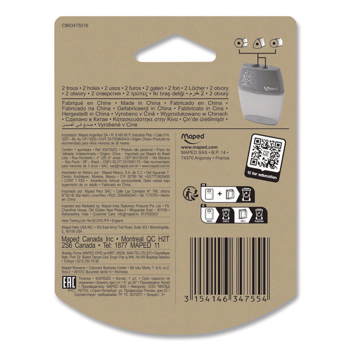 Shaker Two-Hole Canister Pencil Sharpener, 3.74 x 1.02 x 4.92, Randomly Assorted Color