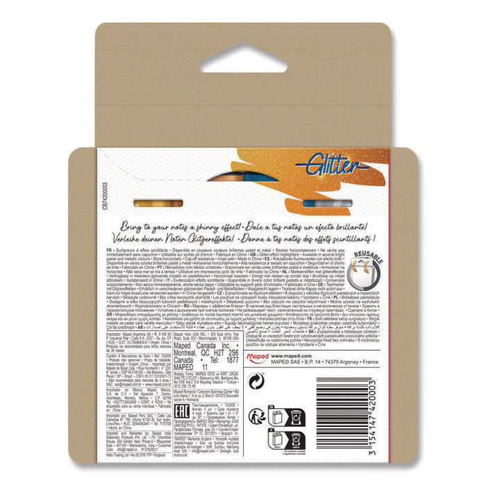 Fluo Peps Metallic Glitter Highlighter, Assorted Ink, Chisel Tip, Assorted Barrel, 4/Pack