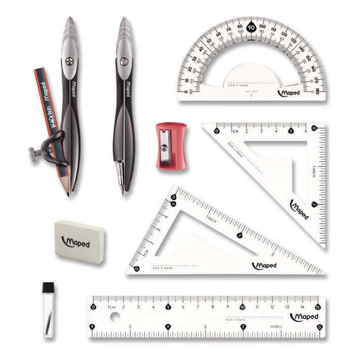 Metal Compass and Geometry Set, Metal/Plastic, Black/Clear, 10 Pieces