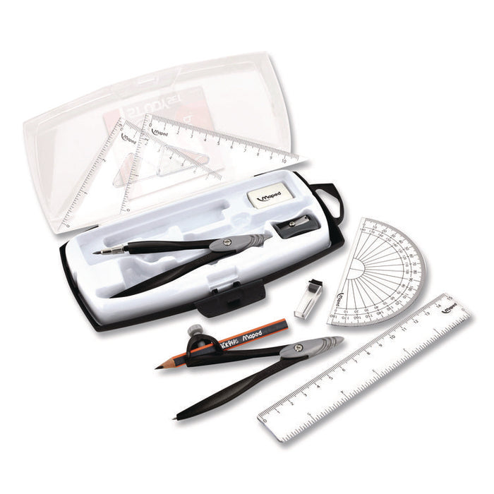 Metal Compass and Geometry Set, Metal/Plastic, Black/Clear, 10 Pieces