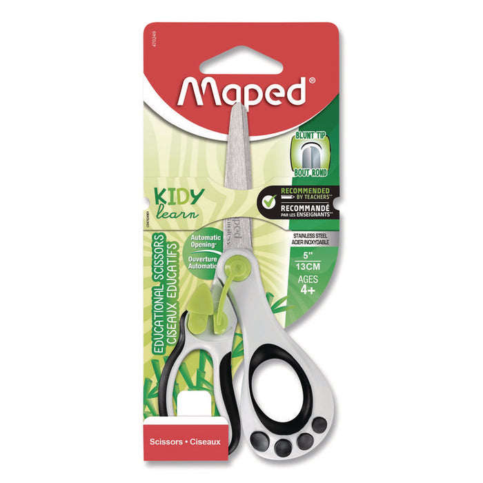Kidy Spring-Assisted Educational Scissors Rounded Tip, 5.41" Long, 2" Cut Length, Straight White/ Black Handle
