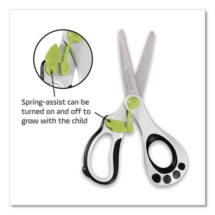 Kidy Spring-Assisted Educational Scissors Rounded Tip, 5.41" Long, 2" Cut Length, Straight White/ Black Handle