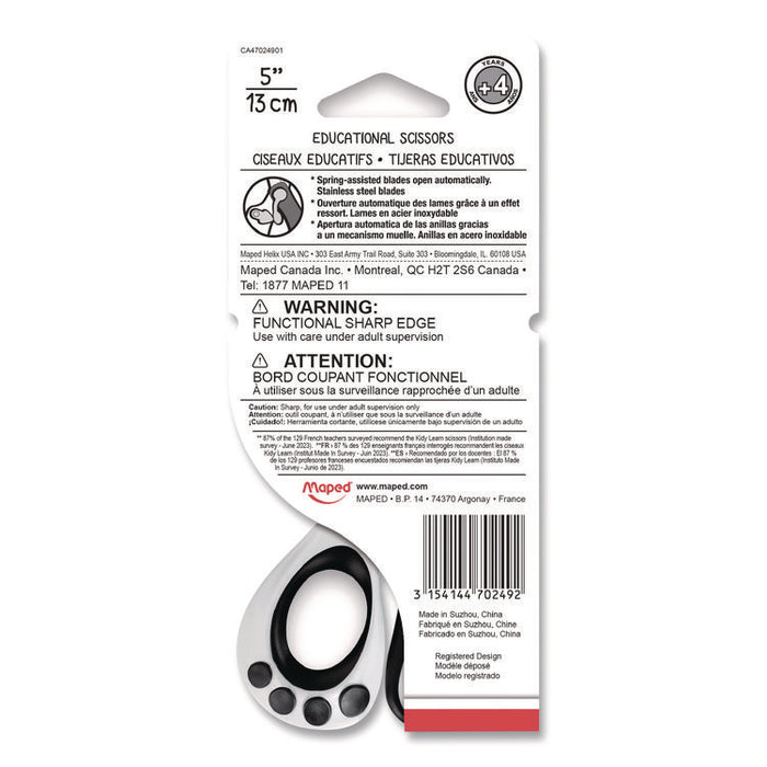 Kidy Spring-Assisted Educational Scissors Rounded Tip, 5.41" Long, 2" Cut Length, Straight White/ Black Handle