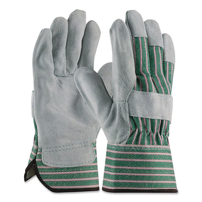 Bronze Series Leather/Fabric Work Gloves, Gunn Cut, Wing Thumb, Large (Size 9), Gray/Green, 12 Pairs