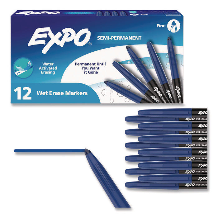 Wet Erase Markers, Fine Needle Tip, Blue, 12/Pack