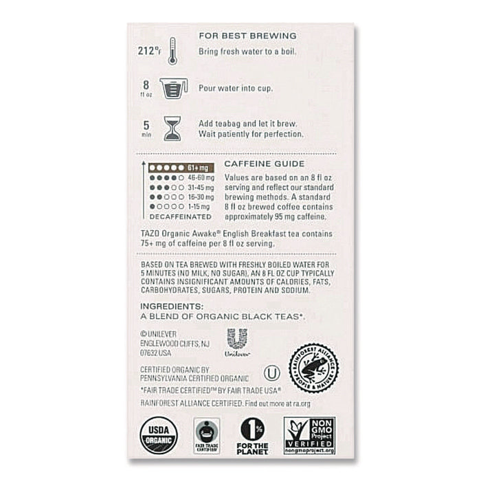 Tea Bags, Organic Awake English Breakfast, 16/Box