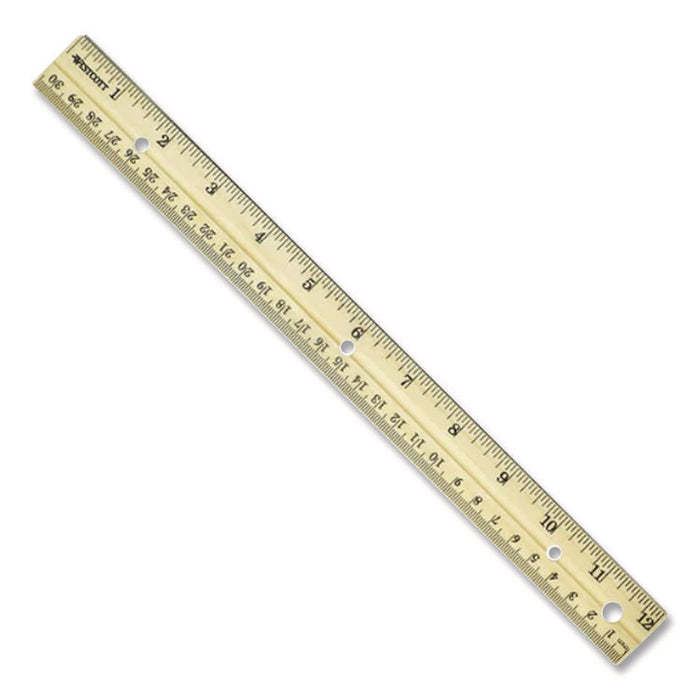 Three-Hole Punched Wood Ruler, Standard/Metric, 12" (30 cm) Long, Natural Wood, 36/Box
